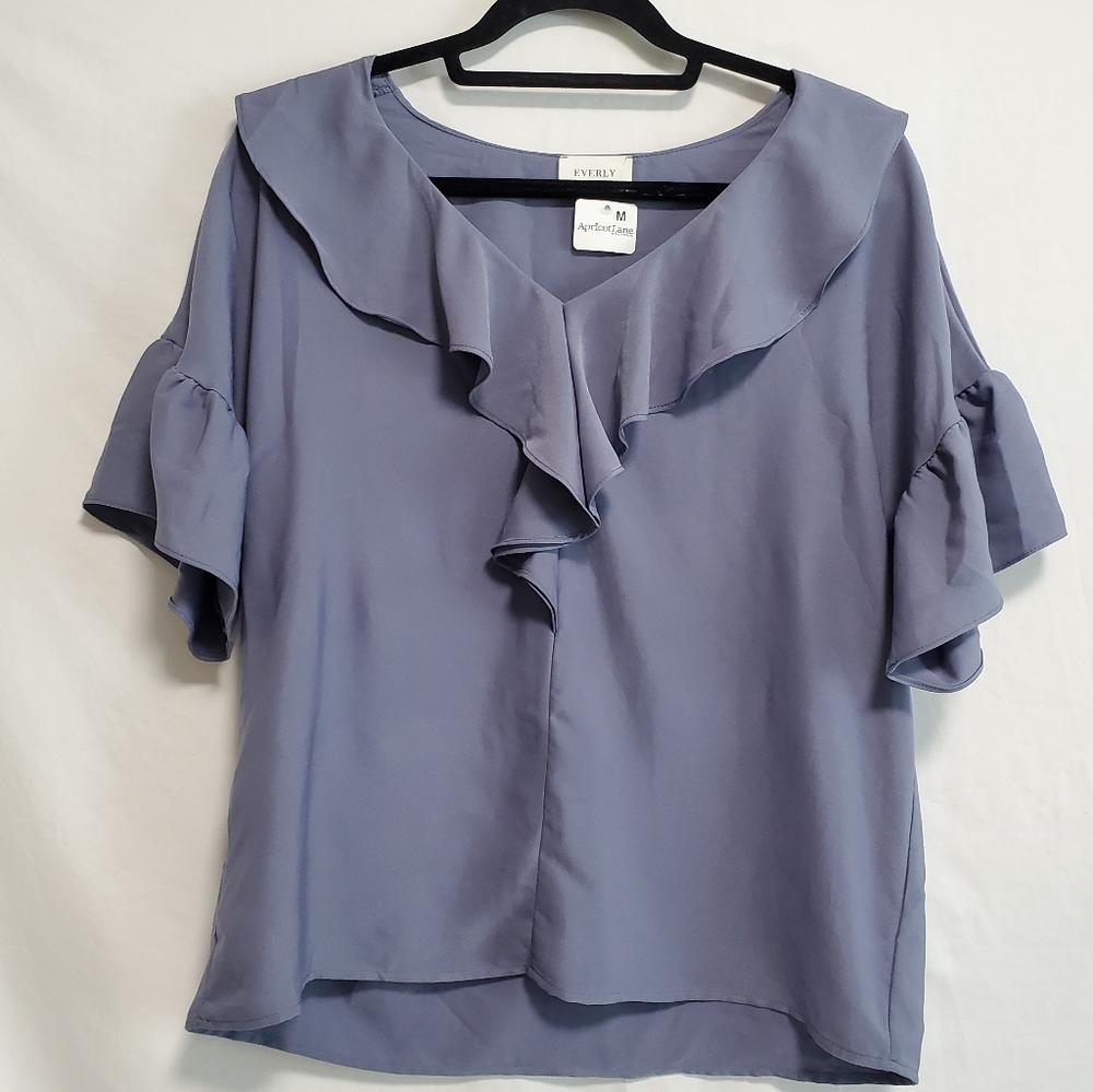 Everly Blue Ruffle Sleeve and Neck Blouse NWT sz M